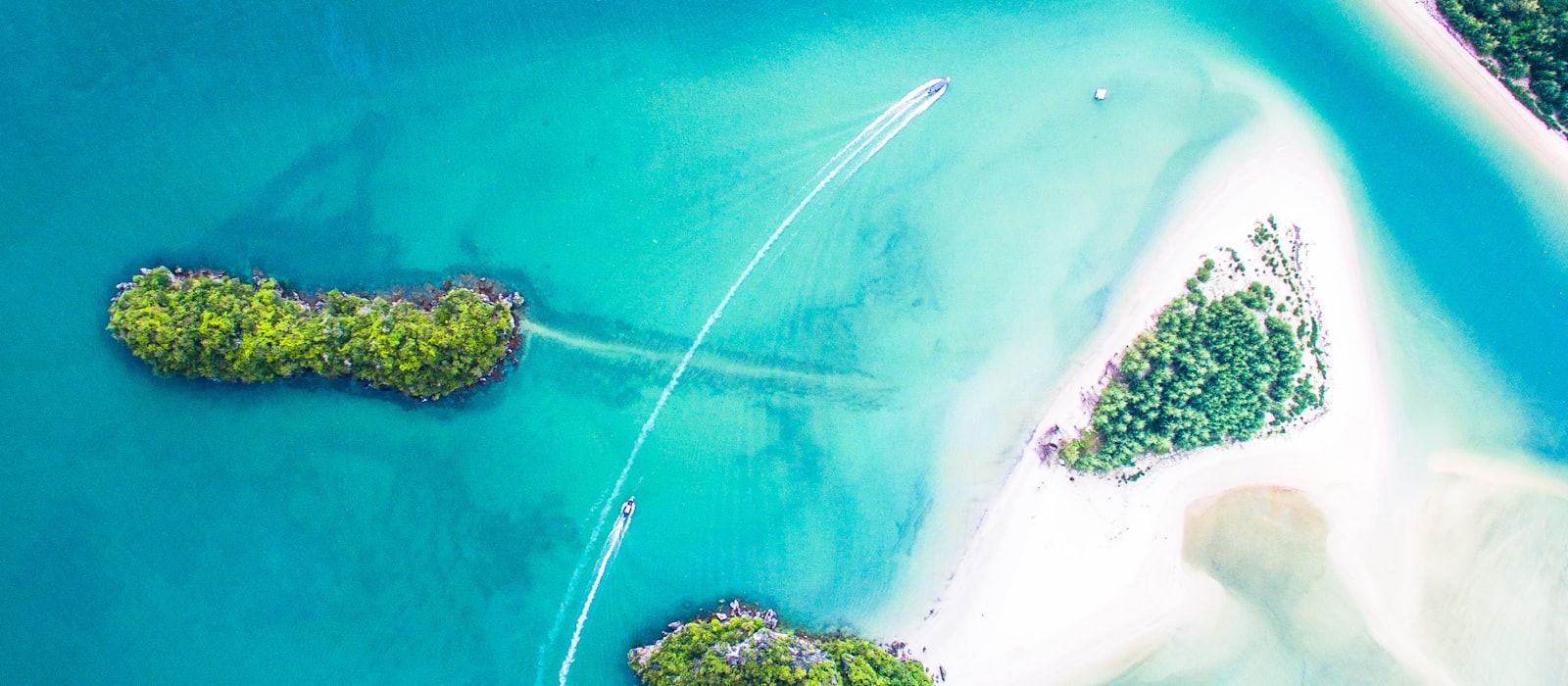 Vue aérienne d'îlots boisés et d'un banc de sable dans une mer turquoise