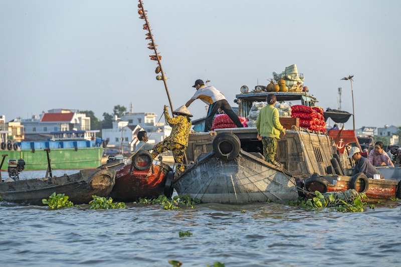 Des bateaux chargés de fruits et de légumes au marché flottant de Cái Răng, à Cần Thơ, dans le delta du Mékong