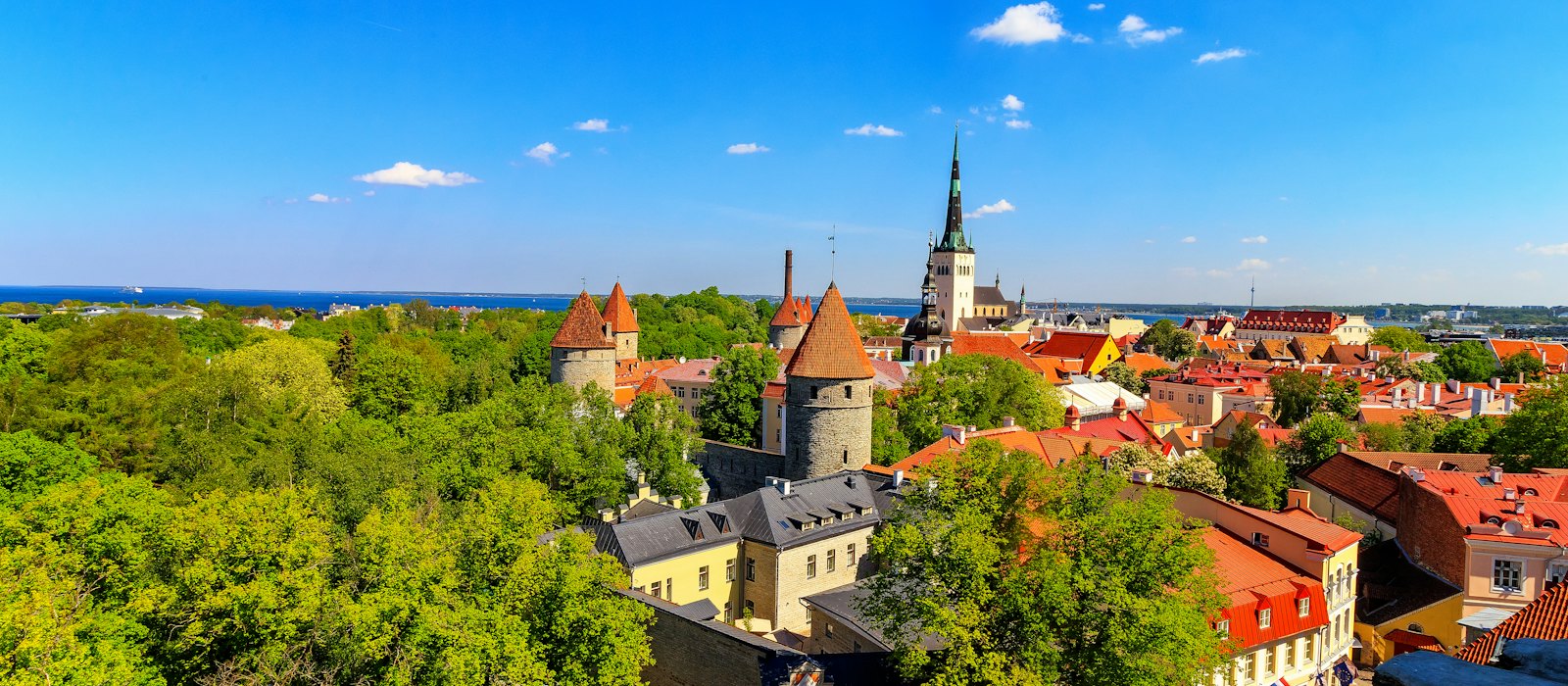 La vieille ville de Tallinn vue d'en haut, avec ses tours de remparts, la flèche de l'église Saint-Olaf et la mer Baltique au loin