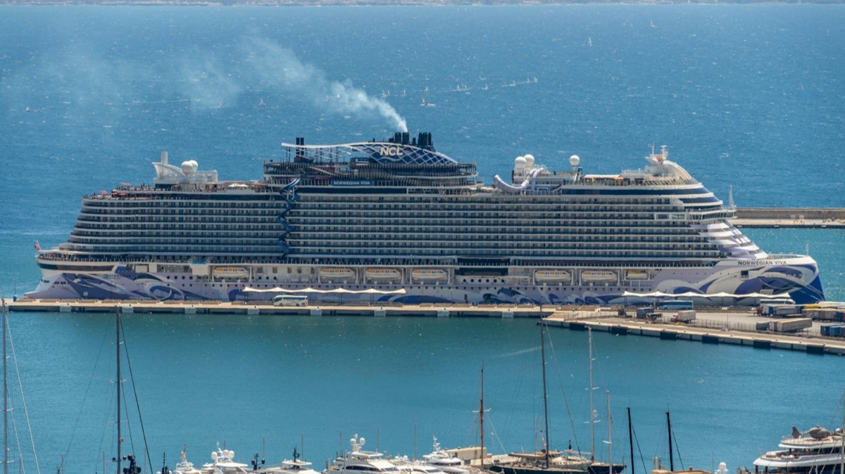 Un grand navire de croisière amarré à quai, devant un port de plaisance