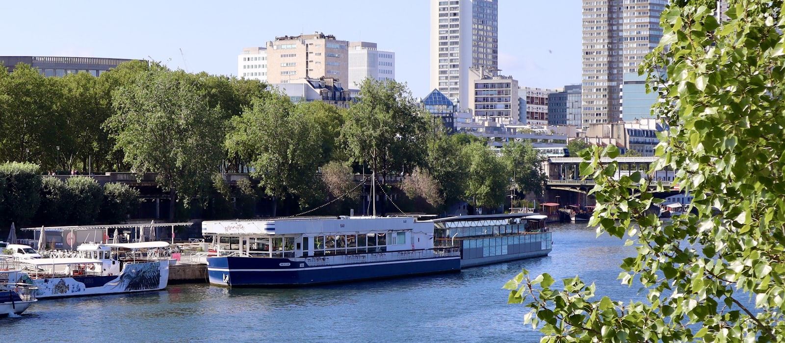 Bateaux fluviaux amarrés le long d'un fleuve traversant une ville
