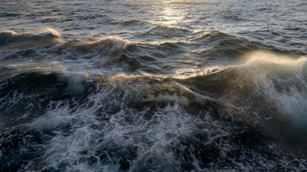 Une mer formée, aux vagues frangées d'écume, sous un soleil bas