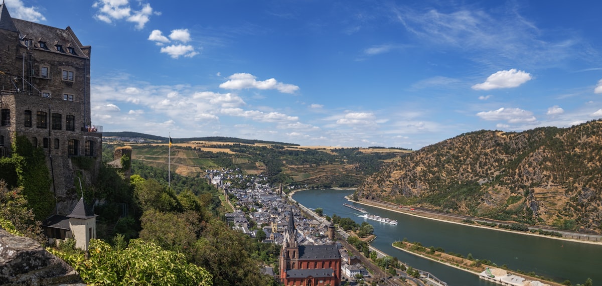 Château surplombant une boucle du Rhin bordée de coteaux viticoles
