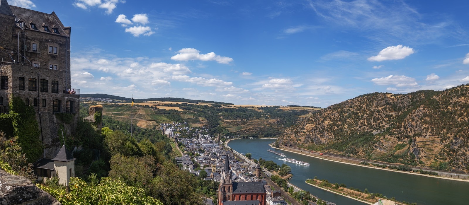 Château surplombant une boucle du Rhin bordée de coteaux viticoles