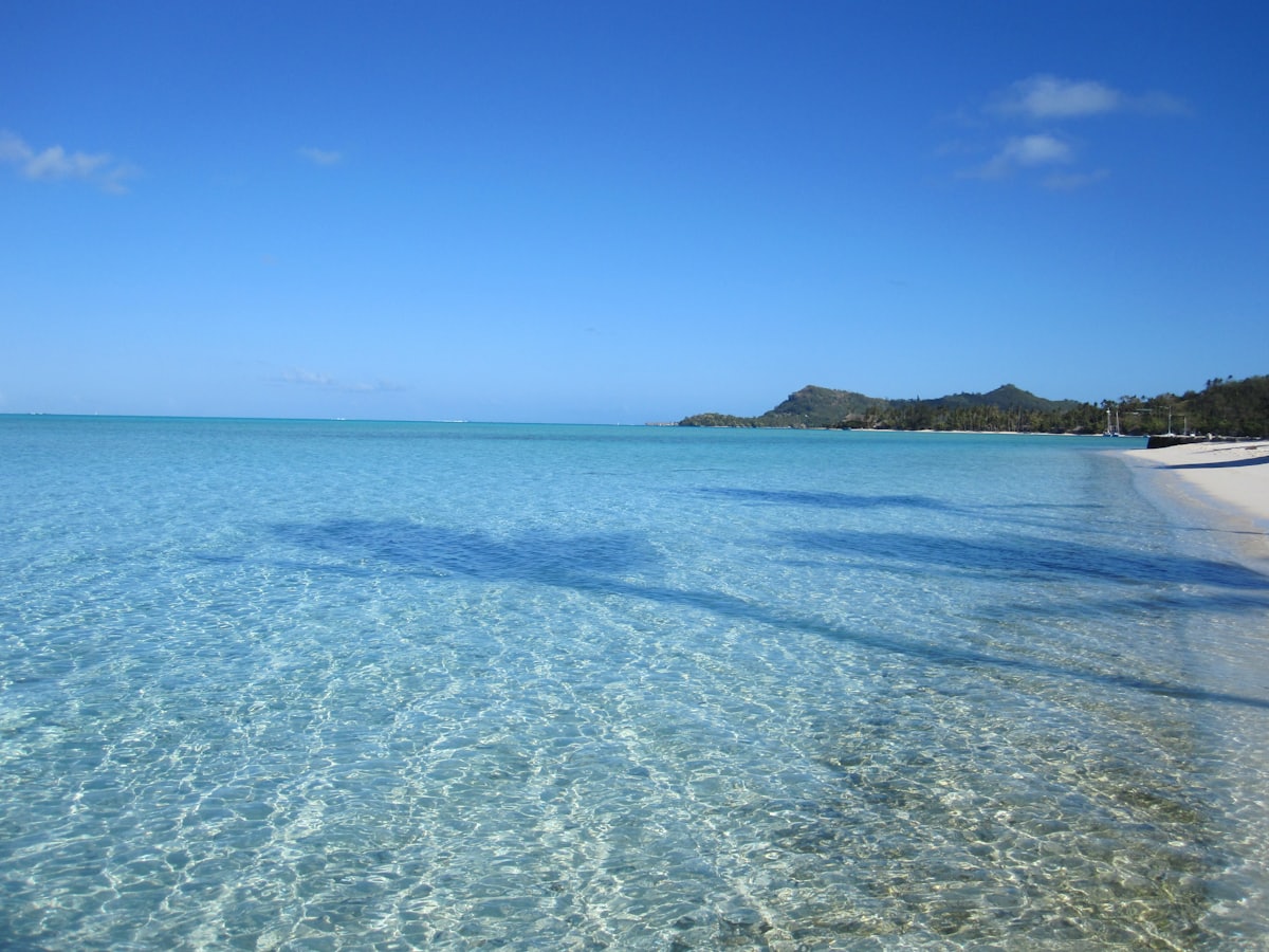 Lagon turquoise et plage de sable blanc bordant un motu de Polynésie française